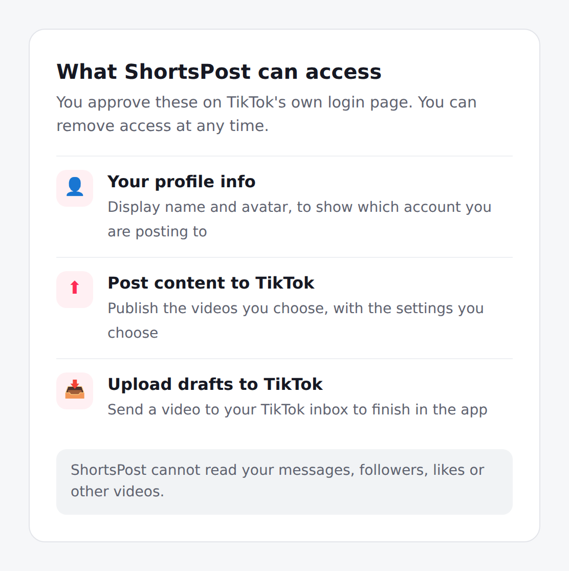 The three permissions ShortsPost requests from TikTok